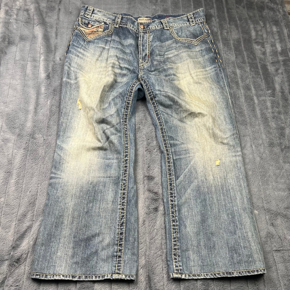 MEK DNM Mens 40x34 Meknes Bootcut Jeans Medium Wash Distressed Embroidered